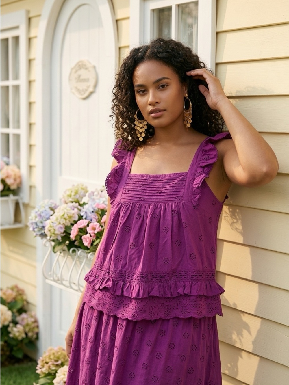 Rickis Eyelet Tiered Ruffle Tank | Size Medium | 100% Cotton